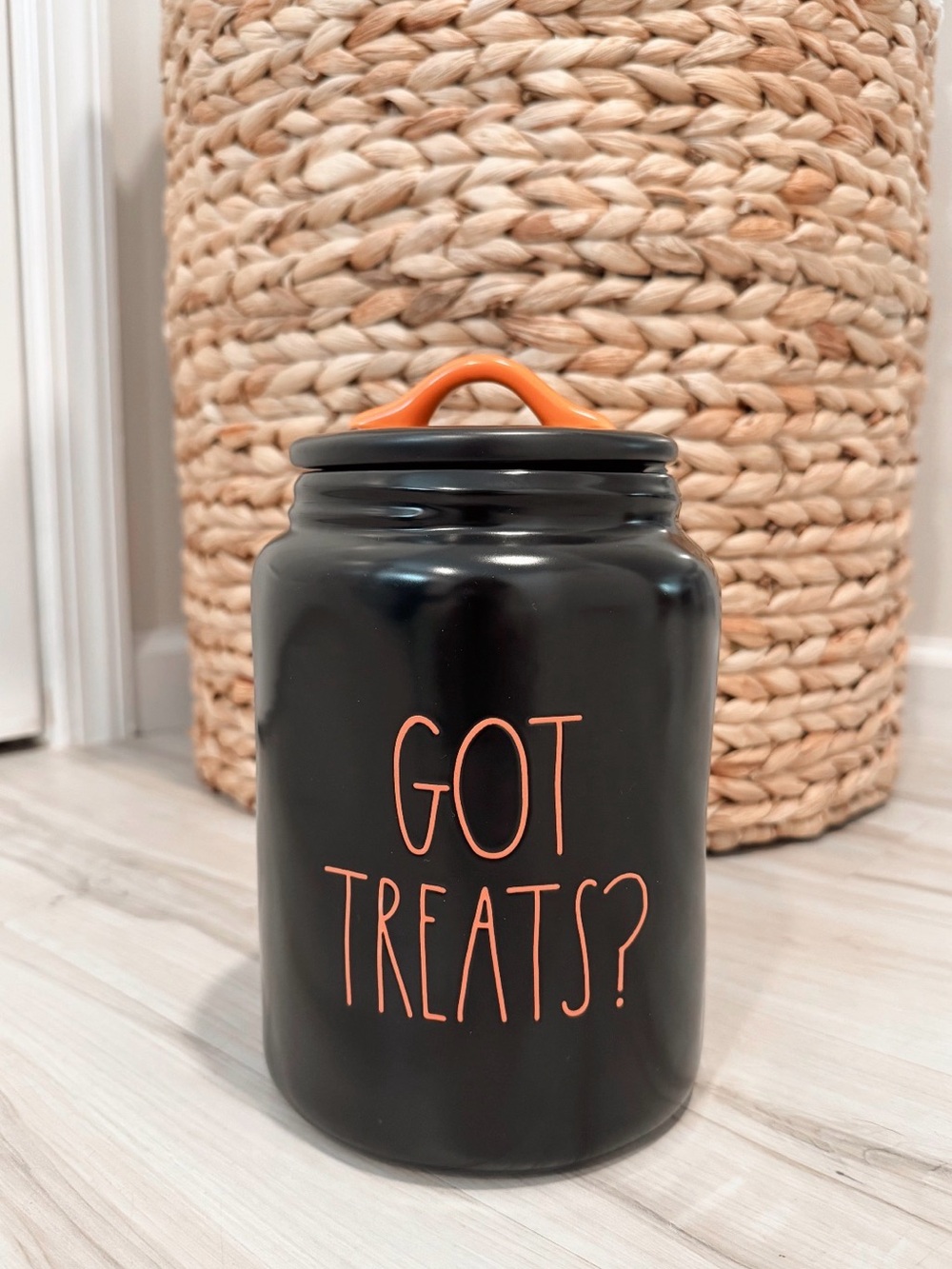 Rae Dunn Black Ceramic 'GOT TREATS?' Jar with Orange Accent